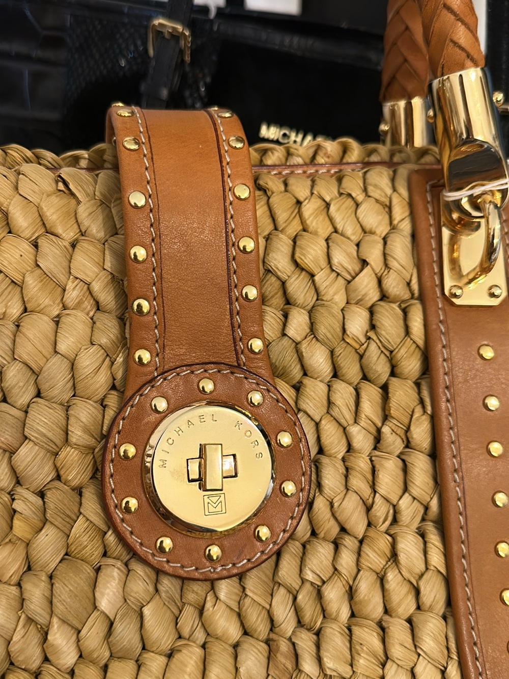 Michael Kors Natural Straw Tote with Brown Leather Handles and Gold Hardware - Picture 2 of 8